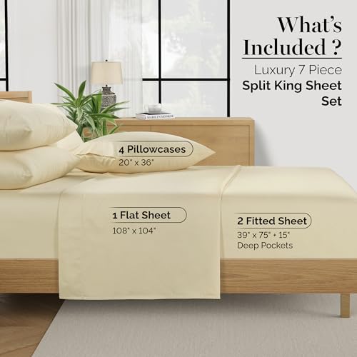 Casa Platino 100% Egyptian Cotton Split King Sheet Set - 7 Pcs - Soft & Comfy Luxury Hotel Split King Bed Sheet Set for Adjustable Beds, Fully Elasticized with Deep Pockets - Ivory