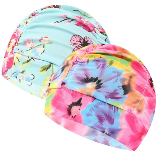 Bemonew 2PCS Floral Pleated Swim Cap Elastic Comfort Bathing Cap for Long Hair (Men & Women)