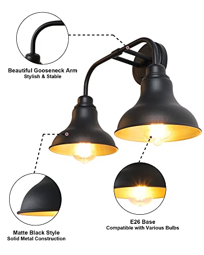 Image of 18-Inch 2-Light Farmhouse Bathroom Vanity Light Over Mirror, Black | Rustic industrial style, metal construction, 2 E26 sockets, 60W max each, dimmable, 7.08 in. shades, bathroom mirror, bedroom