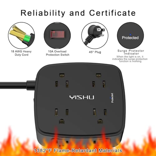 Image of YISHU 10 Ft Surge Protector Power Strip 3 Side Outlet Extender with 8 Widely AC Outlets and 4 USB Ports, 10 Feet Extension Cord with Flat Plug, Wall Mount, Desk USB Charging Station, ETL, Black