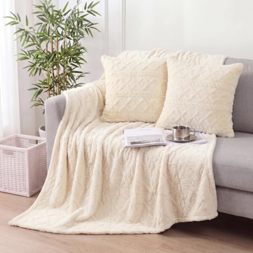 CrystalSylara 3 Piece Boho Knit Throw Blanket and Pillow Cover Set, Textured Diamond Pattern Soft Couch Blanket Decorative Bedding for Home, Sofa, Living Room, Modern Farmhouse Decor(White)
