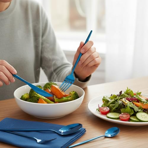 Image of 15 Pcs Blue Cutlery Set for Dining Table the Perfect Lightweight Silim Handle Tableware Including Dinner Spoon, Dinner Fork, Dinner Knife, Dessert Spoon & Dessert Fork