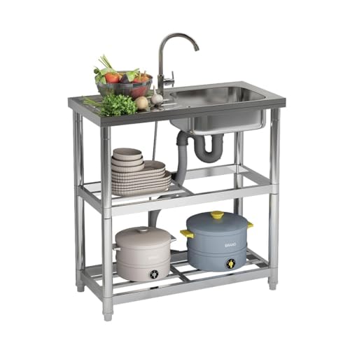 CStern Lavabo libre con grifo, fregadero de acero inoxidable independiente, lavabo multifunción con tubo de agua, fregadero de cocina con estantes de almacenamiento, lavabo para lavandería, jardín