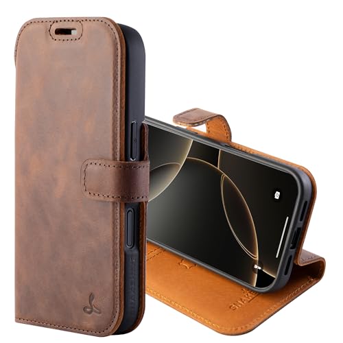 Snakehive Genuine Leather Wallet Case for iPhone 17 Pro – Flip Cover with Card Slots & Stand (Brown)
