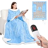 HOW'S MY HOUSE Wearable Heated Blanket with Foot Pocket, Electric Blanket with Sleeves, Flannel & Sherpa Heating Throw with 7 Heat Settings & 4 Hours Time Settings, 52' x 72', Blue