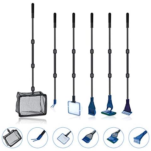 6 in 1 Aquarium Glass Tank Cleaning kit, Spoon Net, Gravel Rake, Plant Fork, Scraper, Sponge, Connector, Fish Net Tool Set, for Domestic Fish Tank Maintenance Cover