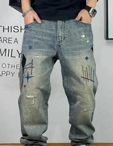 Men’S Fashion Streetwear Skinny Fit Ragged Patch Embroidery Ripped Distressed Denim Pants Button Fly Print Trousers3