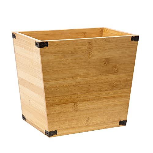 Grey Farmhouse Style Torched Wood Trash Can Waste Bin with Decorative Metal Brackets Trash Can for Bedroom,Living Room, Bathroom &amp; Office (Bamboo Color)