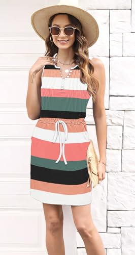 Image of ETCYY Womens Summer Casual Dresses Sleeveless Beach Vacation Sundresses Drawstring Waist Short Striped Dress with Pockets