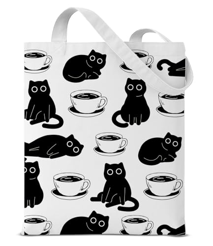 Image of Cute Cat Canvas Tote Bag for Women， Aesthetic Reusable Shoulder Bag for Shopping Travel Work