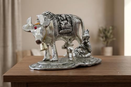 Image of KridayKraft Kamdhenu Cow and Calf with Krishna Idol, Silver-Plated Decorative Showpiece for Home Decor and Gift, 14 x 11 cm X 10 cm, 350 g