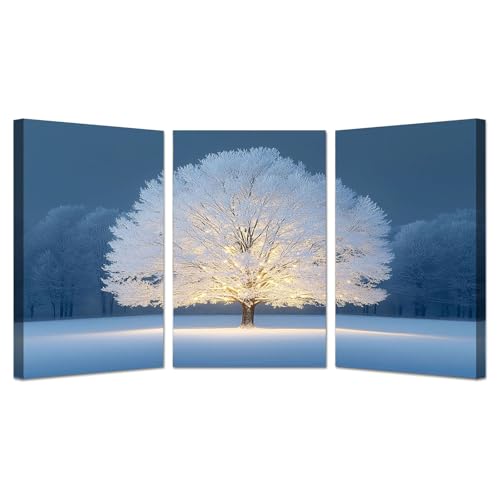 Impression sur toile hiver pour salon : lot de 3 posters paysage d'arbres blanc 30x45cm encadrée