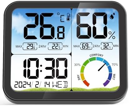 VOCOO Thermomètre d'intérieur numérique – Écran extra large de 14,7 cm, capteur de température et d'humidité avec moniteur précis de température et d'humidité, étalonnage, enregistrements max et min,