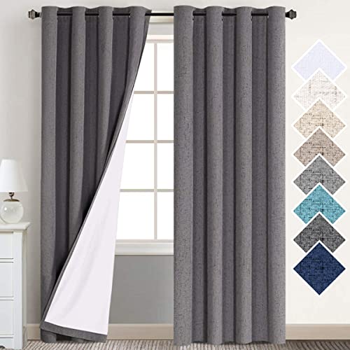 Flamingo P 100% Blackout Curtains Textured Linen Curtains For Bedroom Energy Saving Window Treatment Grommet Burlap Curtain Drapes Thermal Insulated White Liner, 2 Panels, 52 X 84 Inch, Grey #TOP23