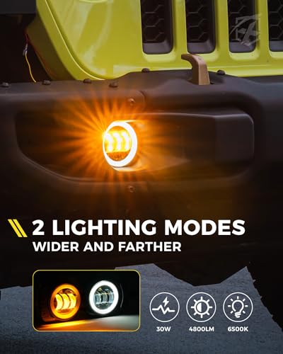 Image of 300% Bright 60W LED Fog Lights w /DRL Compatible with 18+ Jeep JL JT, Amber | 2 Light Functions, Angel Eye, Adjustable Angle, Waterproof, Plug N Play, DOT Approved