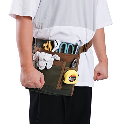 5-Pocket Single Side Tool Belt Pouch/Work Apron, Heavy Duty 16Oz Waxed Canvas, Adjustable Belt With Buckle, Army Green #TOP6
