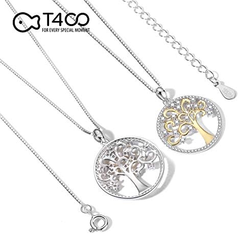 T400 Tree of Life Necklace 925 Sterling Silver Golden Round Pendant Jewelry Gift for Mother Women