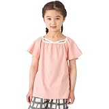 [ever closet] Tシャツ キッズ 子供 女の子 半袖 綿100％ [ サーモンピンク 130 ] スクエアネック クロスデザイン フリル袖 春服 夏服 通園 通学 普段着 子供服 キッズ服 エバークローゼット