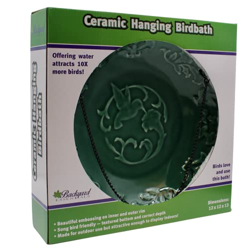 Backyard Essentials Green Ceramic Hanging Birdbath, Black Metal Chain Hanger, Hummingbird Bird Bath #TOP3