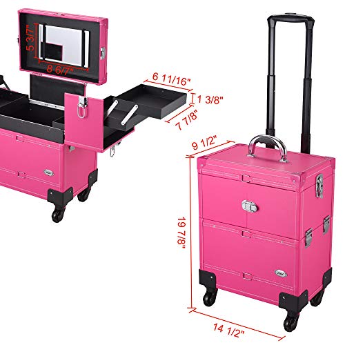 Byootique Pink Rolling Makeup Train Case Artist Beauty Trolley Cosmetic Organizer Box Handle Mirror 4 360-Degreed Wheels Waterproof #TOP6