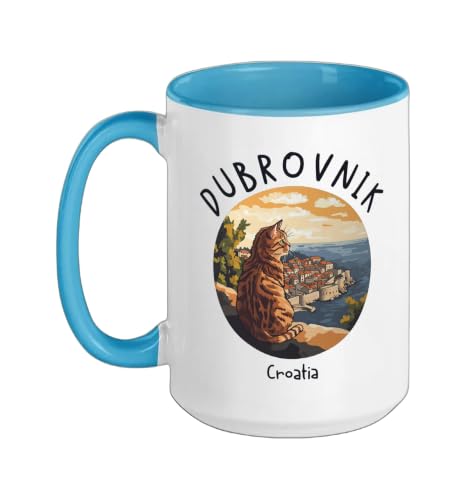 Dubrovnik Croatia Cat/Dubrovnik Ceramic Mug, Blue/White, 15oz by Dubrovnik Croatia Souvenir Store - Used condition - US$16.86