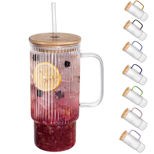 erichbow 32oz Ribbed Glass Cup with Handle Bamboo Lid and Straw, Glass Tumbler, Iced Coffee Cups Hot/Cold Drinks