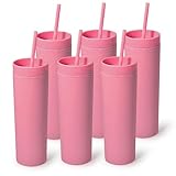 sweet grain Skinny Tumblers with Lids and Straws(6 Pack) - 16oz Matte Pastel Colored Skinny Acrylic Tumblers, Double Wall Plastic Tall Skinny Tumblers Bulk for Cold Hot Drinks - Pink