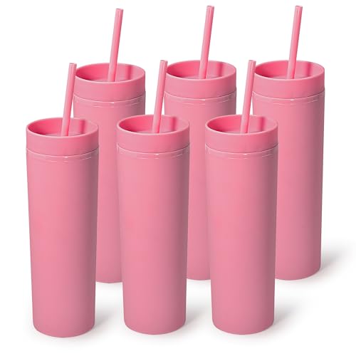 sweet grain Skinny Tumblers with Lids and Straws(6 Pack) - 16oz Matte Pastel Colored Skinny Acrylic Tumblers, Double Wall Plastic Tall Skinny Tumblers Bulk for Cold Hot Drinks - Pink