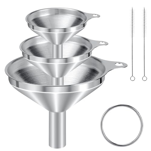 3 Piezas Embudo Acero Inoxidable con Mango, Embudo Cocina con 2 Cepillo de Limpieza, Embudos Pequeños Apilable para Transferir Líquidos Aceites y Polvos, 3 Tamaños 4.5/5.5/7.5cm
