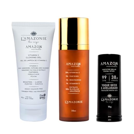 Kit Sérum Clareador + Gel de Limpeza + Protetor Solar - Sérum Anti Manchas, Gel para Limpeza Profunda e Protetor FPS 99 - Combo de Rejuvenescimento e Saúde da Pele - Vegano - L'AMAZONIE - 30ml