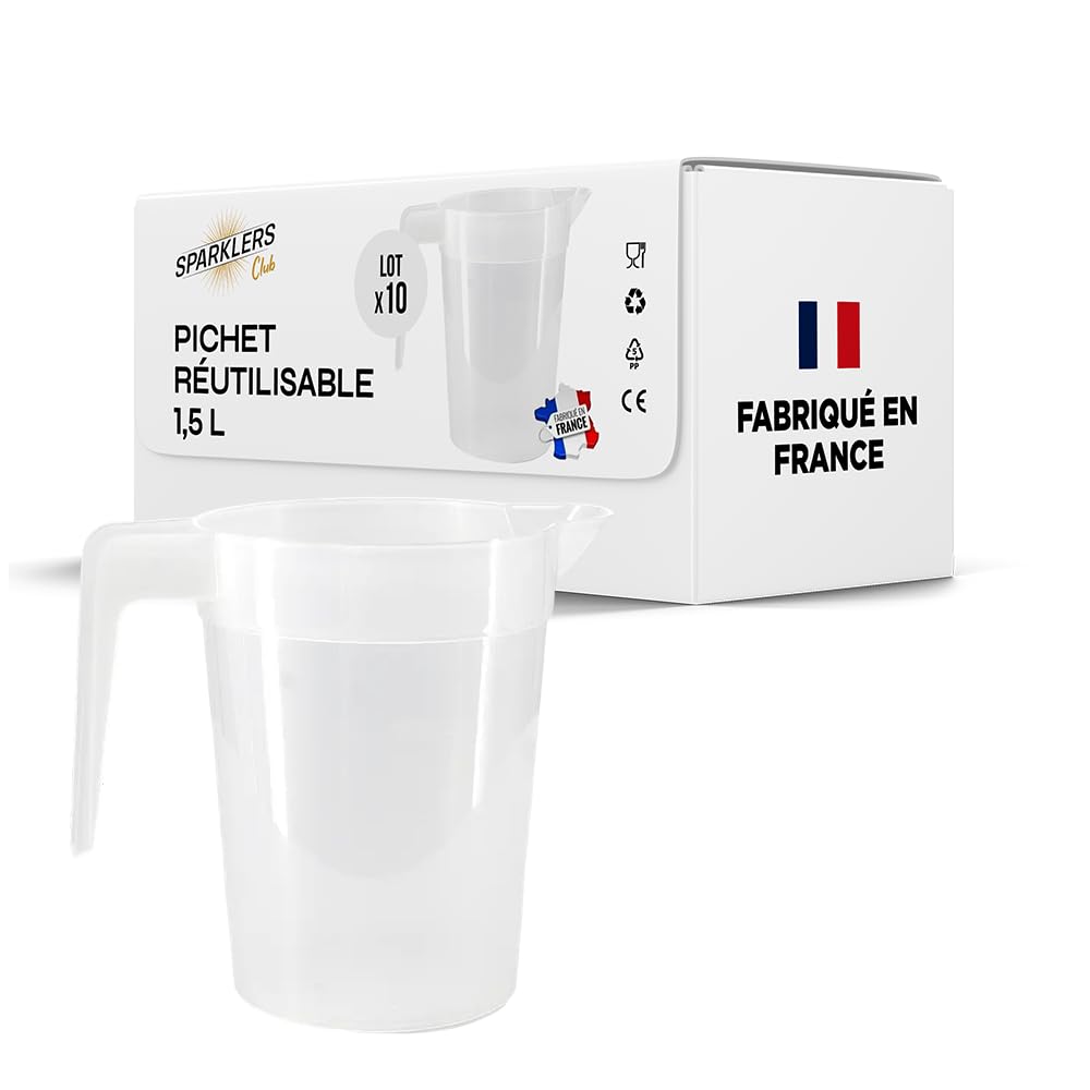 SPARKLERS CLUB 10 brocche riutilizzabili da 1,5 l, in PP alimentare, trasparenti, impilabili, resistenti, lavabili 150 x in lavastoviglie, ideali per feste, festival, eventi