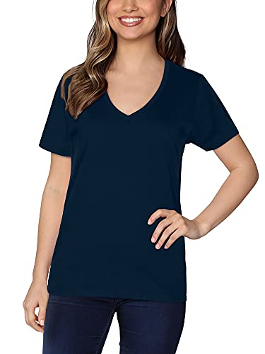 Fruit of the Loom womens Crafted ComfortÂ™ Pima Cotton Short Sleeve T-shirts T Shirt, V-neck - Navy, Large US