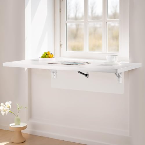 Image of VEVOR Wall Mounted Folding Table, 35.4 x 19.7 inches Wall Mount Table, Floating Desk with Iron Bracket for Small Spaces, Home Office, Dining, Laundry Room, Kitchen, Bar, White
