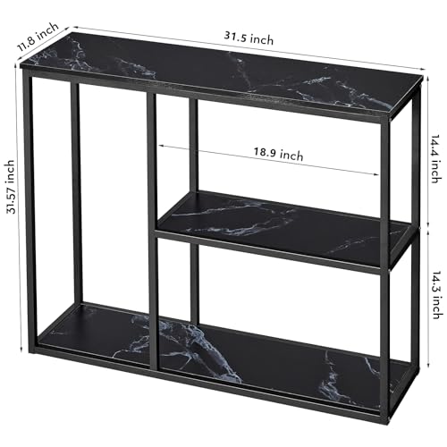 Image of WOHOMO Console Table, 12'' Narrow Entryway Table for Living Room, 31.5'' x 31.5'' Black Marble Industrial Sofa Table with 3-Tier Storage Shelves for Corridor, Hallway, Black Marble