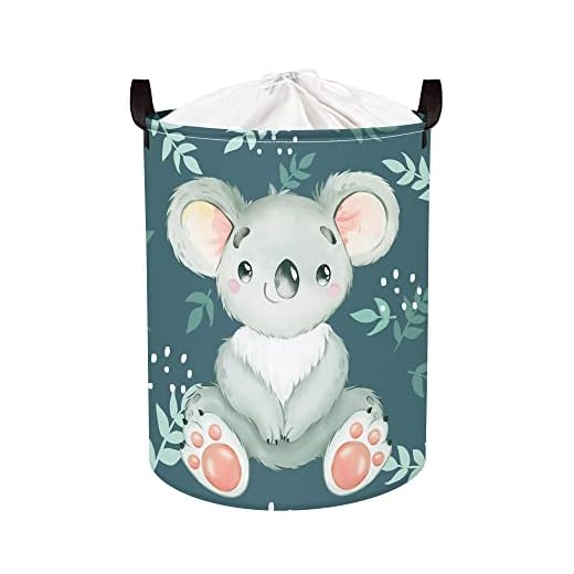Clastyle 45L Cesta Ropa Sucia Animales Azul Koala Lindo Hojas Cestos Almacenaje Juguetes Plegable Redonda para Habitación Infantil, 36x45 cm