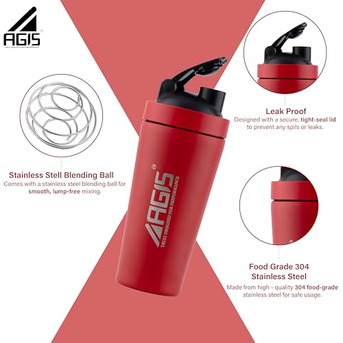 Image of AGIS Steel Shaker Stainless Steel 700ml Leakproof Shaker Bottle with Measurement Marking, Perfect for Fitness Enthusiast & Athletes, Ideal for Mixing Protein Shakes & Pre-Workout Formula (Red)