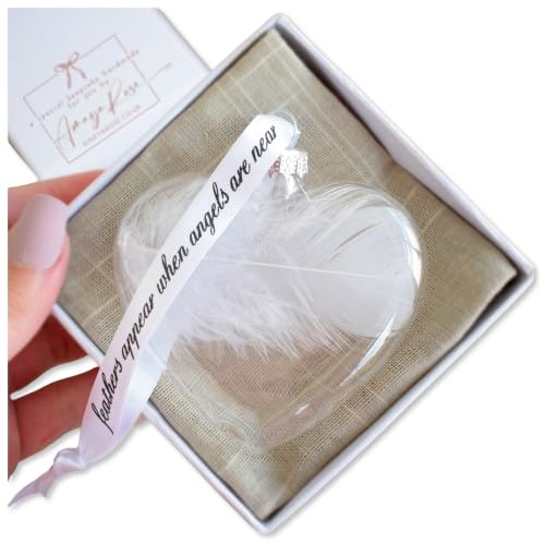 White Feather Glass Heart Bauble. Gift Boxed Christmas Tree 