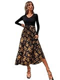 SheIn Damen 2 in 1 Kleid Langarm Freizeitkleid A Linie Lange Kleider Partykleid Bohokleid Herbst Kleider mit Gürtel Schwarz Gelb M