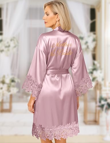 Image of EPLAZA Bride Robe for Wedding Day Set Bridal Robe Lace Trim Silky Embroidery Satin Kimono for Bridal Party