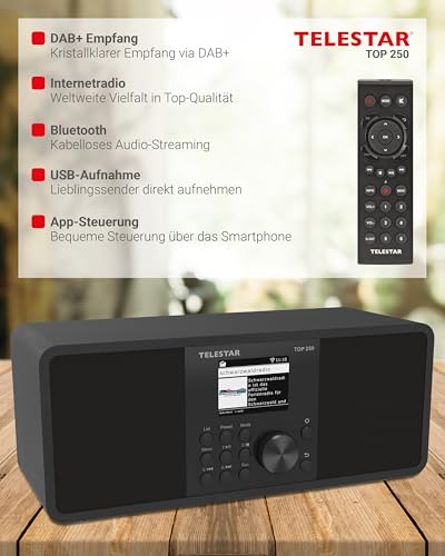 TELESTAR TOP 250 – DAB+/Internetradio (Stereo, 2 × 10 Watt, Bluetooth Audio-Streaming & Sendefunktion, USB-Aufnahme, Notfallwarnsystem, App-Steuerung) – Schwarz