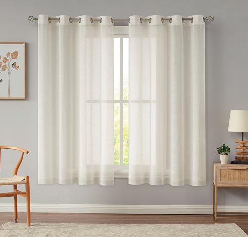 Beauoop Semi Sheer Window Curtains 63 Inches Long Linen Blend Panels for Living Room Bedroom Rustic Farmhouse Drapes Rich Linen Textured Grommet Top Curtain, 2 Panels, 52" Width 63" Length, Beige