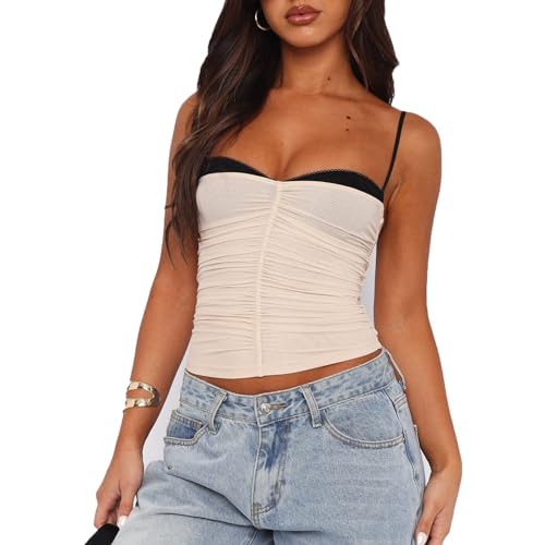 Camisass Sexy Womens Lace Trim Chiffon Vest Spaghetti Strap White Camisole Deep V-Neck Sleeveless Lined Tank Top main image 1