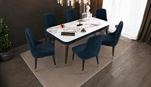 Image of WOODEN SPACE 6-Seater Wooden Dining Table Set | Nano Composite Marble Top | Solid Wood Base | Modern Dining Room Furniture with 6 Chairs (Sea Blue Vento)