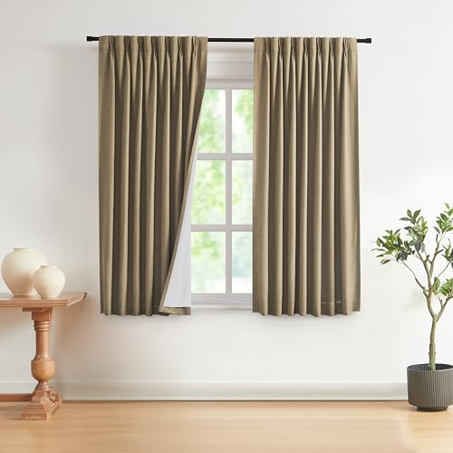Vision Home Brown Pinch Pleated Full Blackout Curtains Linen Blended Room Darkening Window Curtains 72 inch for Living Room Bedroom Thermal Insulated Pinch Pleat Drapes with Hooks 2 Panel 40" Wx72 L