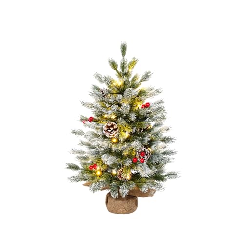 Pre-lit 2ft Mini Artificial Christmas Tree, 50LED Lights, Red Cloth Base with for Table Desk Home Christmas Decor White