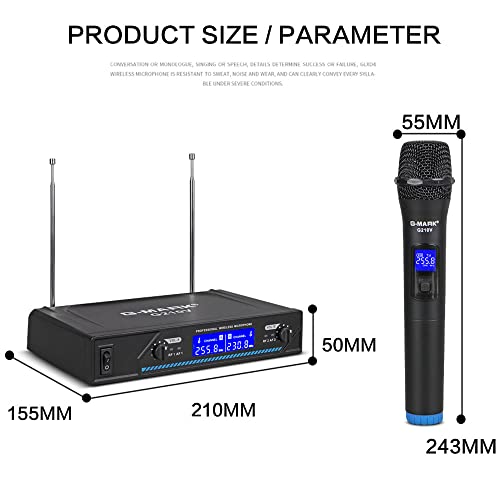 G-Mark G210V Wireless Microphone, Metal Dual Professional Vhf Cordless Dynamic Mic Handheld Microphone System For Home Karaoke, Meeting, Party, Church, Dj, Wedding, Home Ktv Set, 200Ft #TOP6