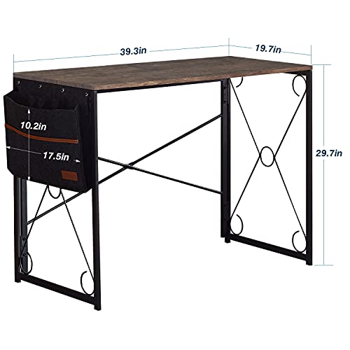 Vecelo Computer Industrial Style Writing Study Desk With Storage Bag/Sturdy Steel Folding Laptop Table For Home Office (39.3", Rustic Gray) #TOP2