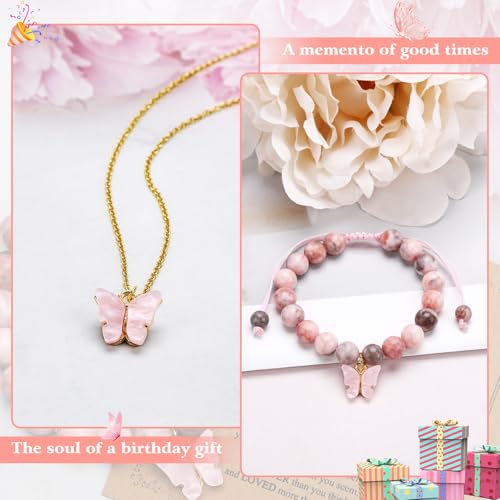 CHUNG Girls Natural Stone Beaded Bracelet Pink Butterfly Necklace 6-12 Years Old Birthday Gifts Christmas for Daughter Granddaughter Niece3