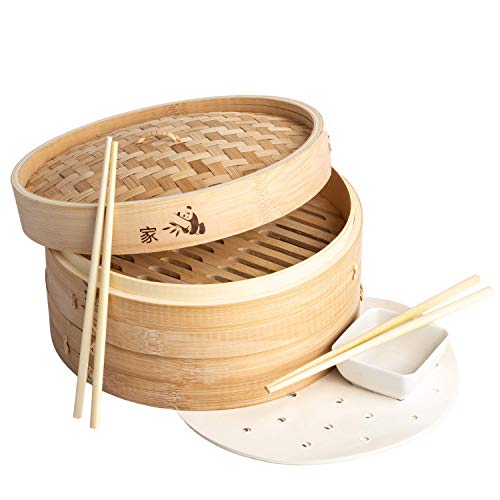 Prime Home Direct 10 inch Bamboo Steamer Basket, 2 Tier Steamer for Cooking, Vegetable Steamer includes 2 Sets of Chopsticks, 1 Sauce Dish & 50 Liners - Great for Dumplings, Rice, Veggies and Meat