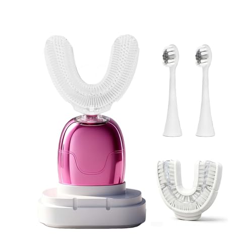 Electric U Shaped Toothbrush Adults with Nylon Brush Head,360 Degree Whole Mouth Cleaning, Rechargeable Electric Toothbrush,Teeth Whitening Brush for Home & Travel Use (Pink)